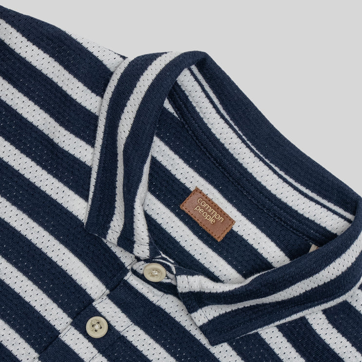 HARVEY NAVY/ECRU STRIPE PIQUE POLO